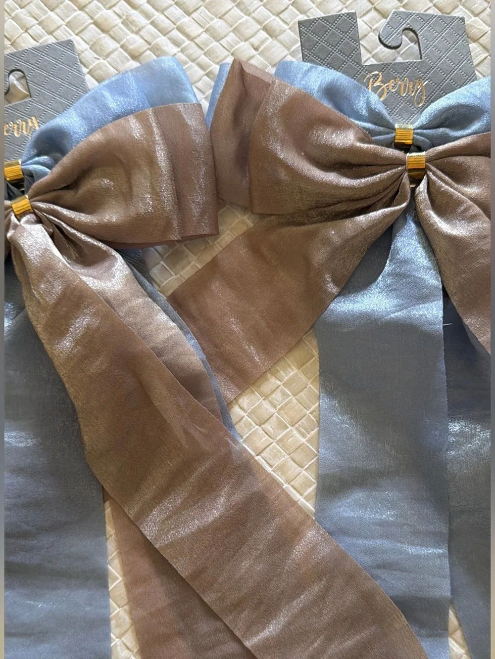 NWT Berry Set of 2 Oversized Satin Bow Hair Clips Blue Taupe Coquette
